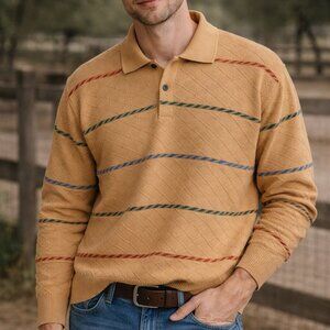 Pierre Cardin Paris size Large Orange Sweater with Multicolor Stripes wool blend